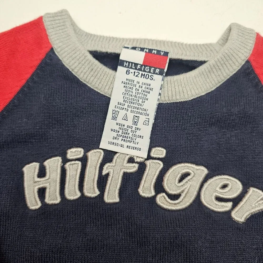 Vintage Tommy Hilfiger Baby Sweater 6-12M Navy/Red/Gray Colorblock Crew Logo